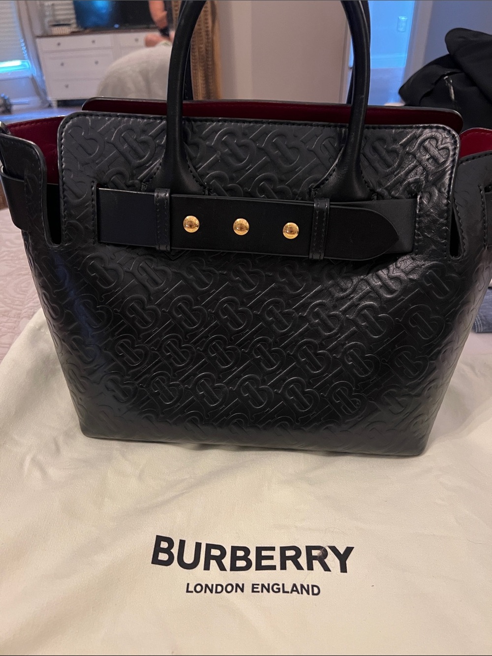 Burberry Black Embossed Leather Tote with Red Interior and Gold Hardware